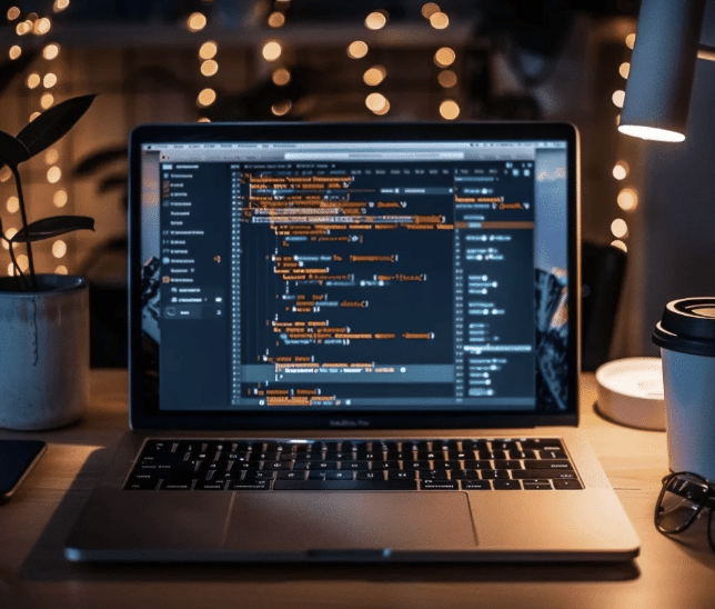 MacBook_at_night_desk_modern_LED_desk_lamp_vibrant